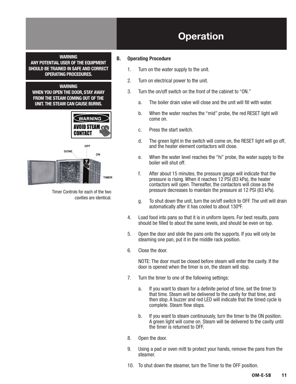Operation | Blodgett SB-E Series User Manual | Page 13 / 34