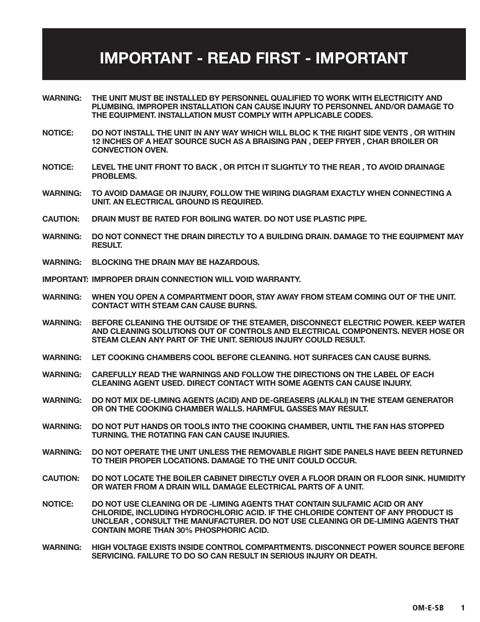 Important - read first - important | Blodgett SB-E Series User Manual | Page 3 / 34