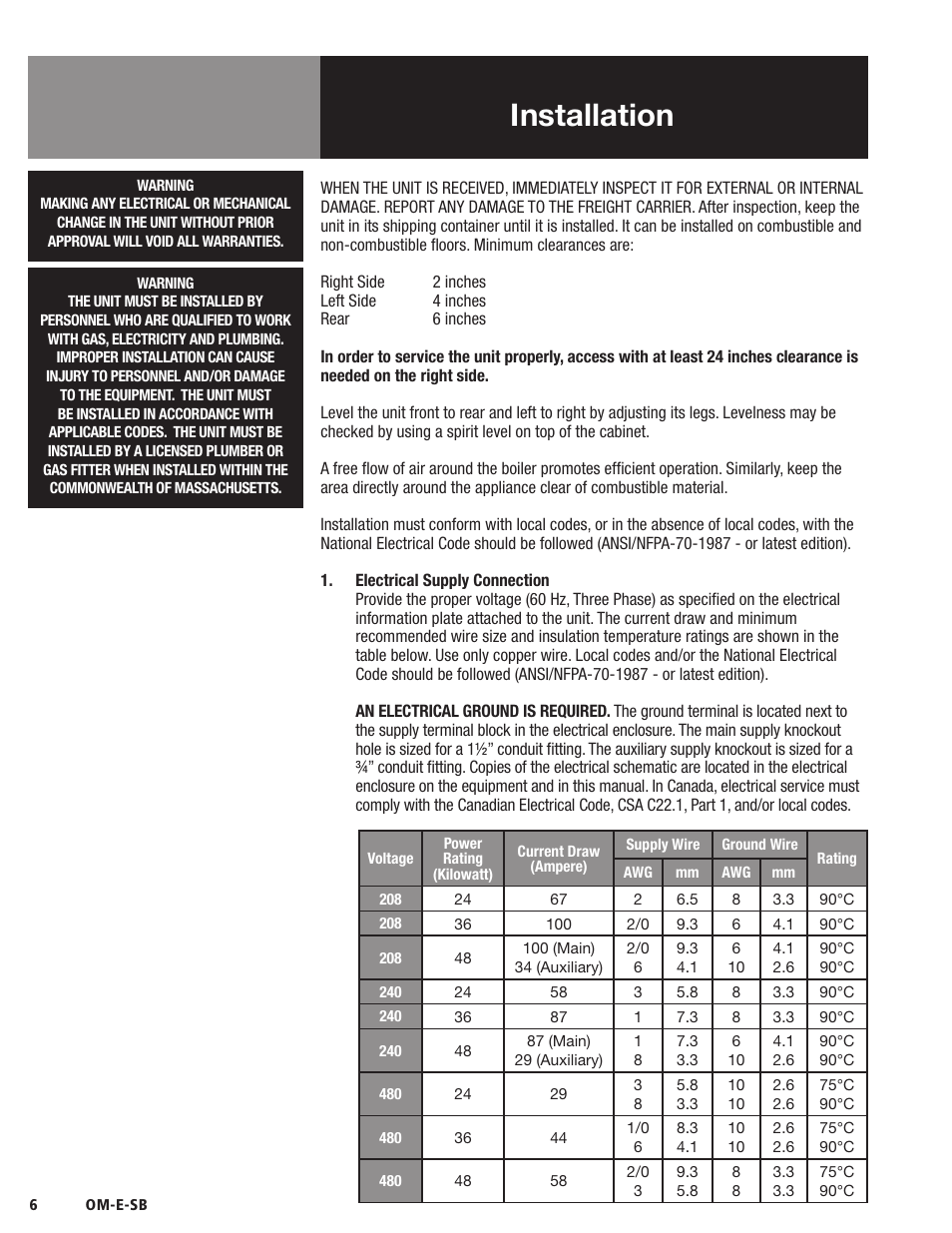 Installation | Blodgett SB-E Series User Manual | Page 8 / 34