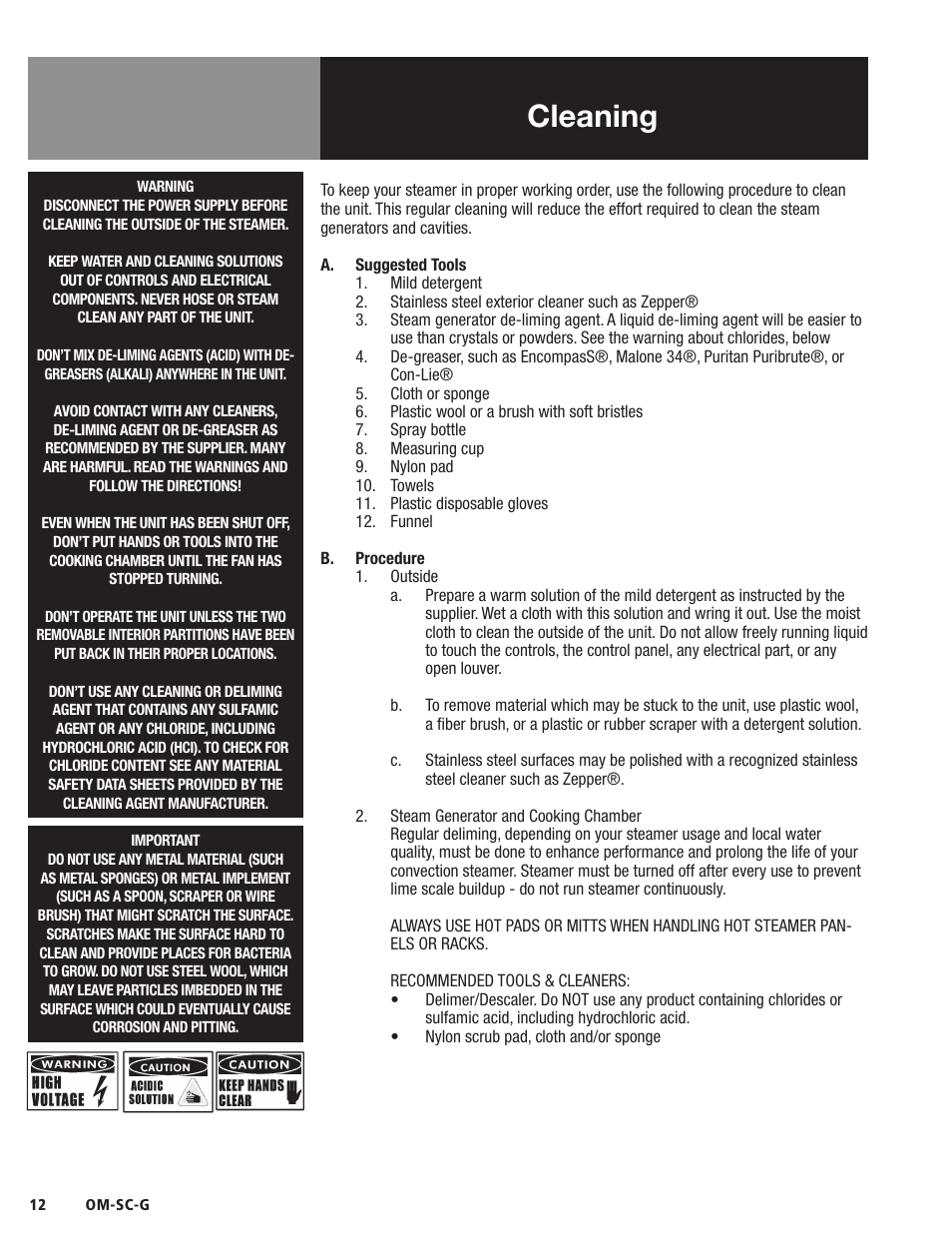 Cleaning | Blodgett SC-G Series User Manual | Page 14 / 28