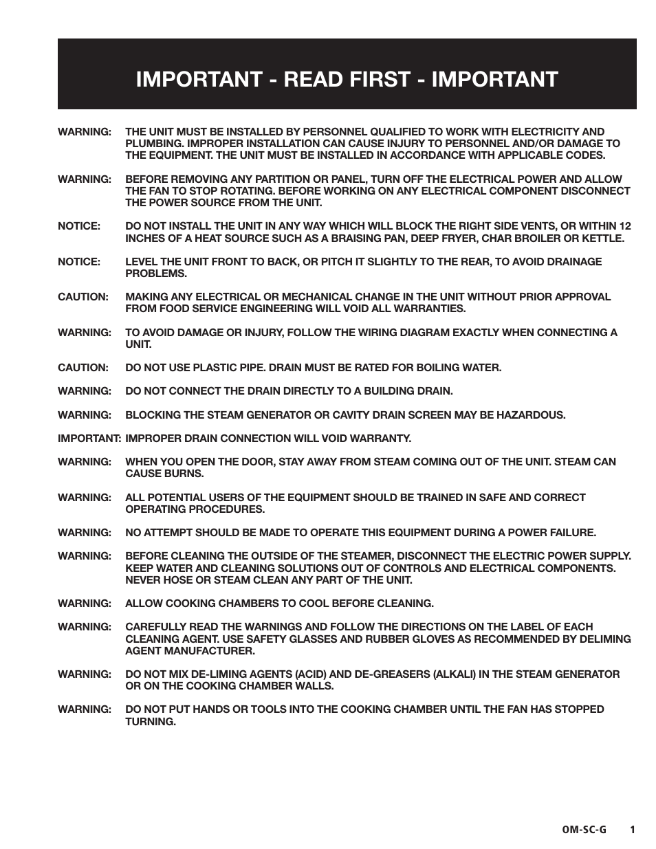 Important - read first - important | Blodgett SC-G Series User Manual | Page 3 / 28