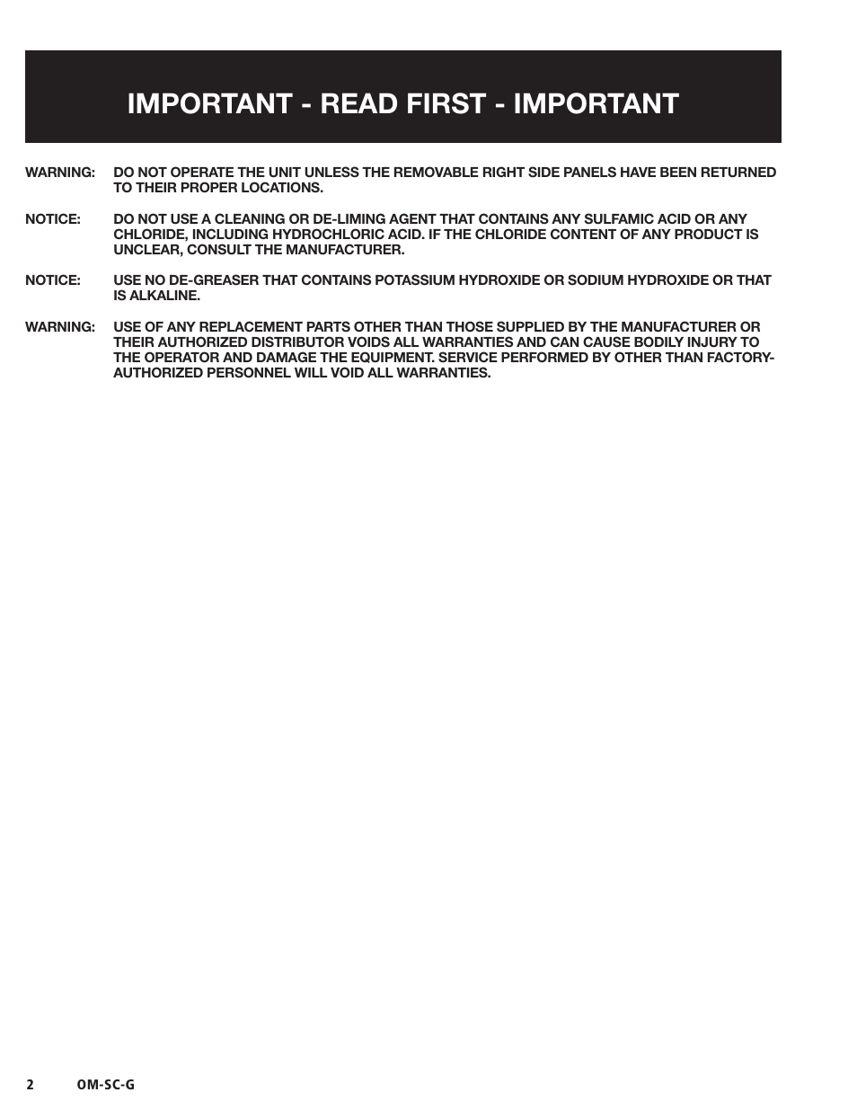 Important - read first - important | Blodgett SC-G Series User Manual | Page 4 / 28