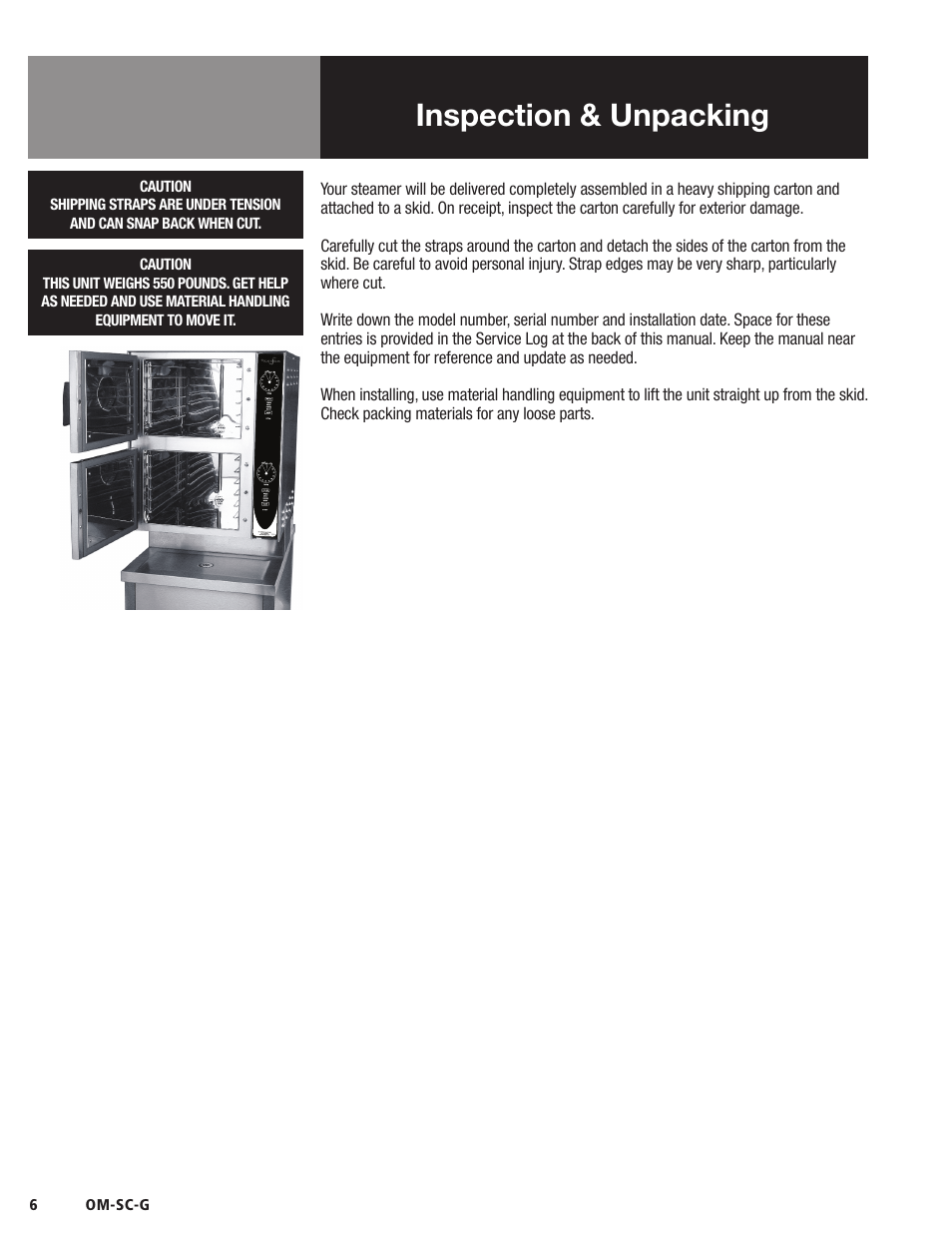 Inspection & unpacking | Blodgett SC-G Series User Manual | Page 8 / 28