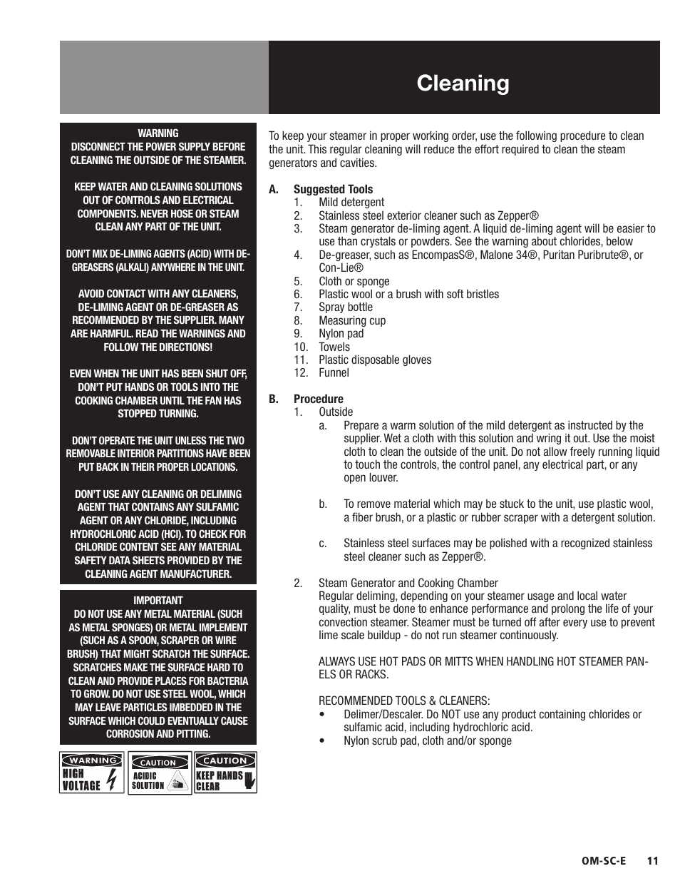 Cleaning | Blodgett SC-E Series User Manual | Page 13 / 24