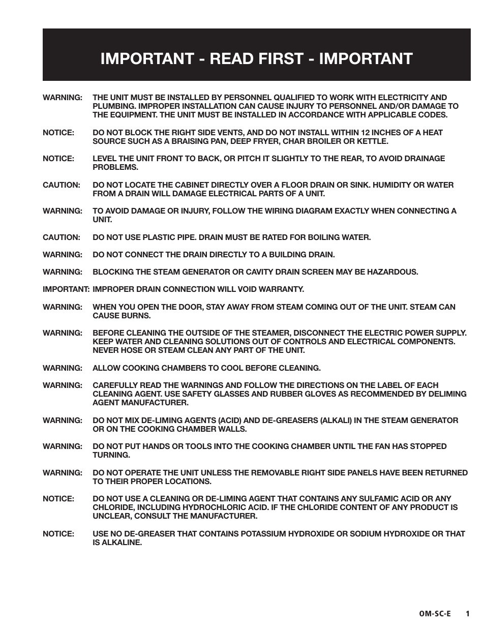 Important - read first - important | Blodgett SC-E Series User Manual | Page 3 / 24