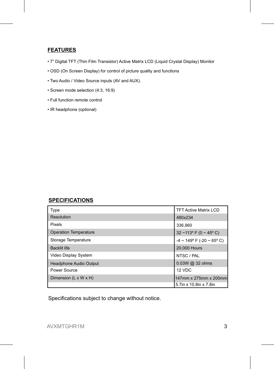 Audiovox AVXMTGHR1M User Manual | Page 3 / 16