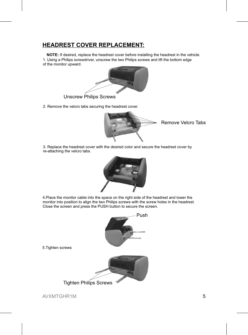 Headrest cover replacement | Audiovox AVXMTGHR1M User Manual | Page 5 / 16