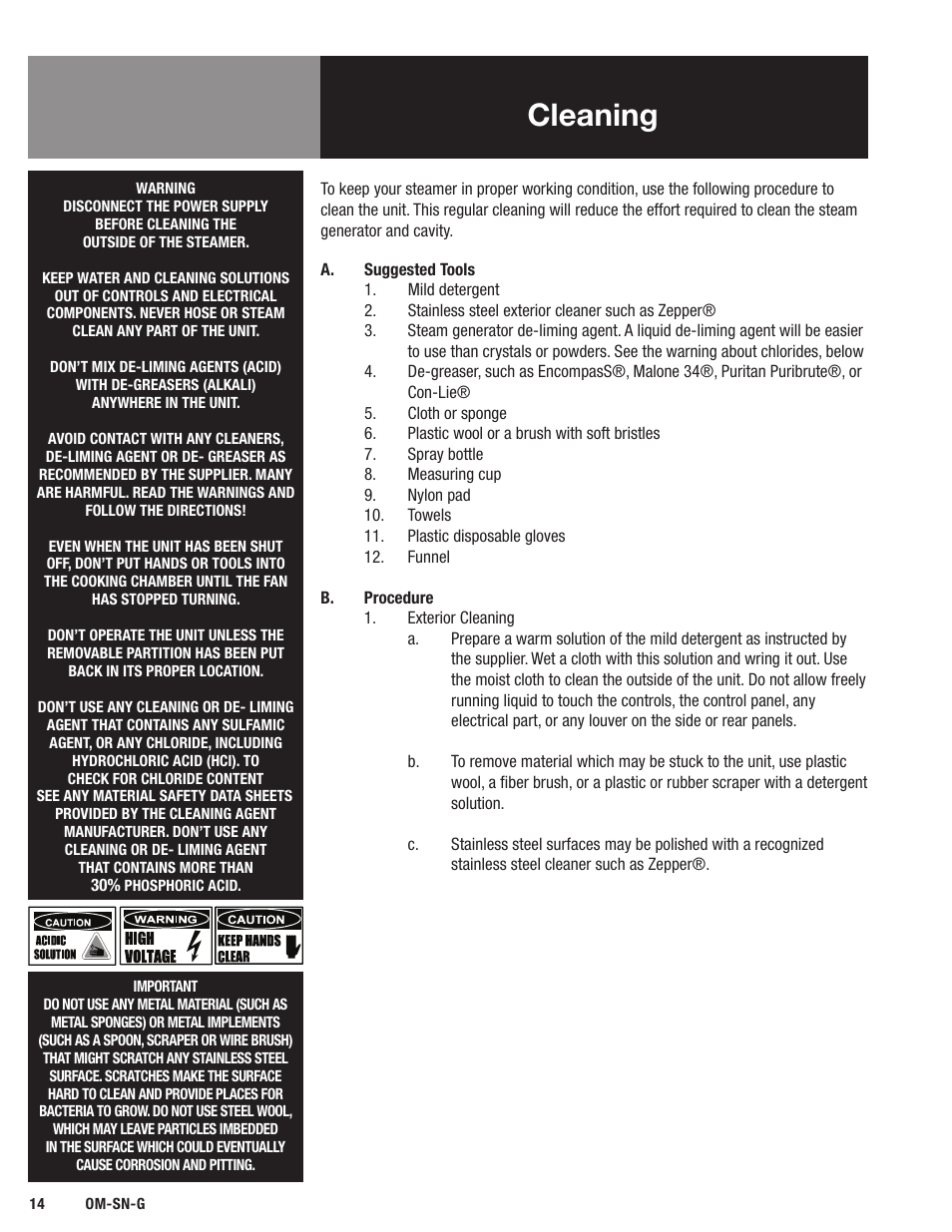 Cleaning | Blodgett SN-G Series User Manual | Page 16 / 28