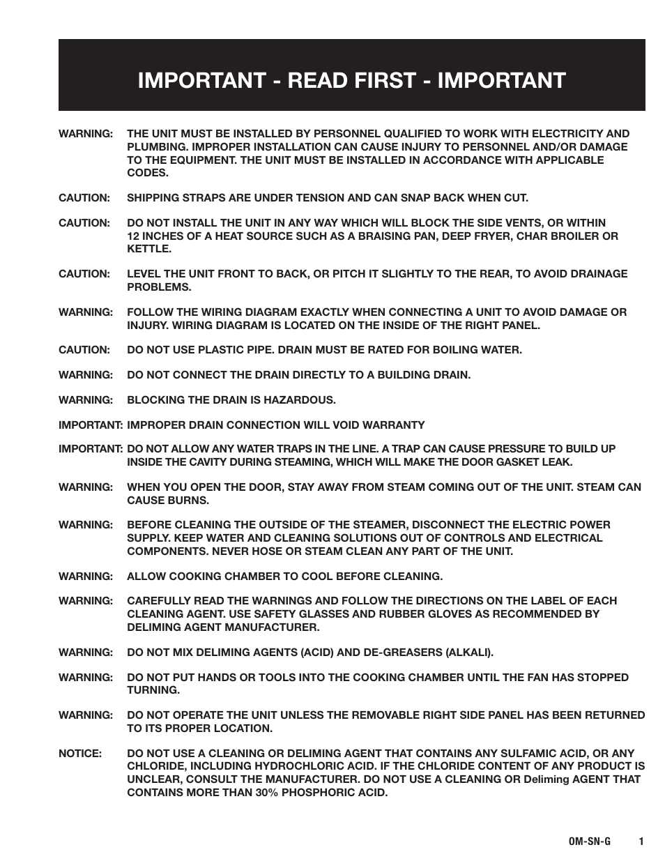 Important - read first - important | Blodgett SN-G Series User Manual | Page 3 / 28