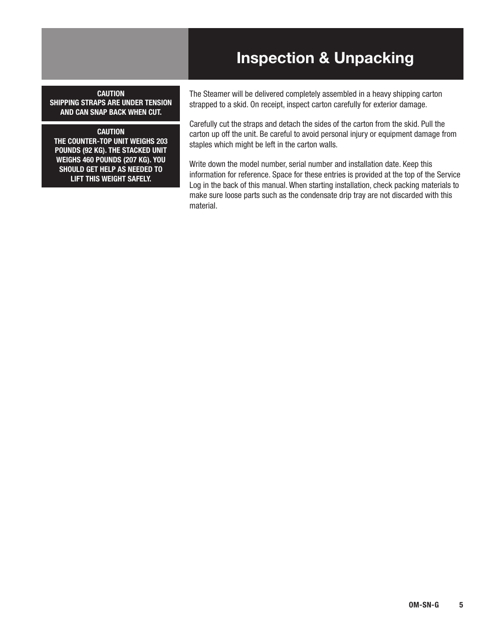 Inspection & unpacking | Blodgett SN-G Series User Manual | Page 7 / 28