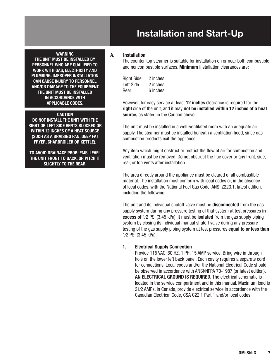 Installation and start-up | Blodgett SN-G Series User Manual | Page 9 / 28