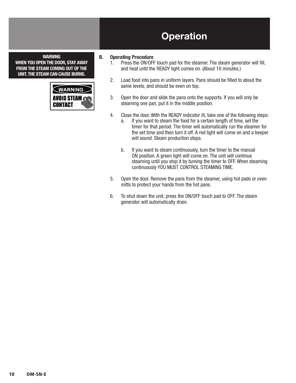 Operation | Blodgett SN-E Series User Manual | Page 12 / 24