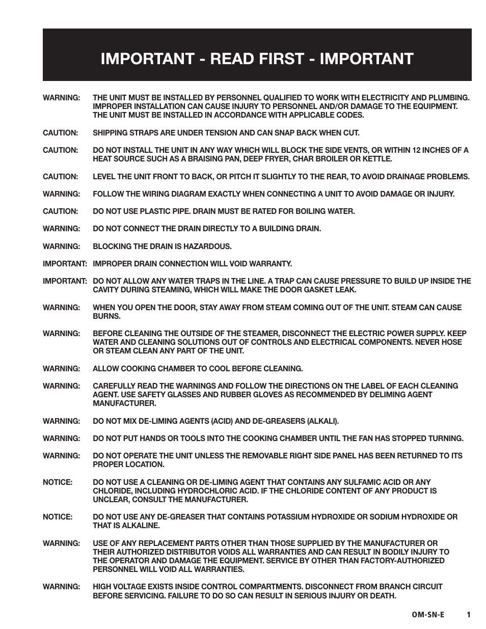 Important - read first - important | Blodgett SN-E Series User Manual | Page 3 / 24