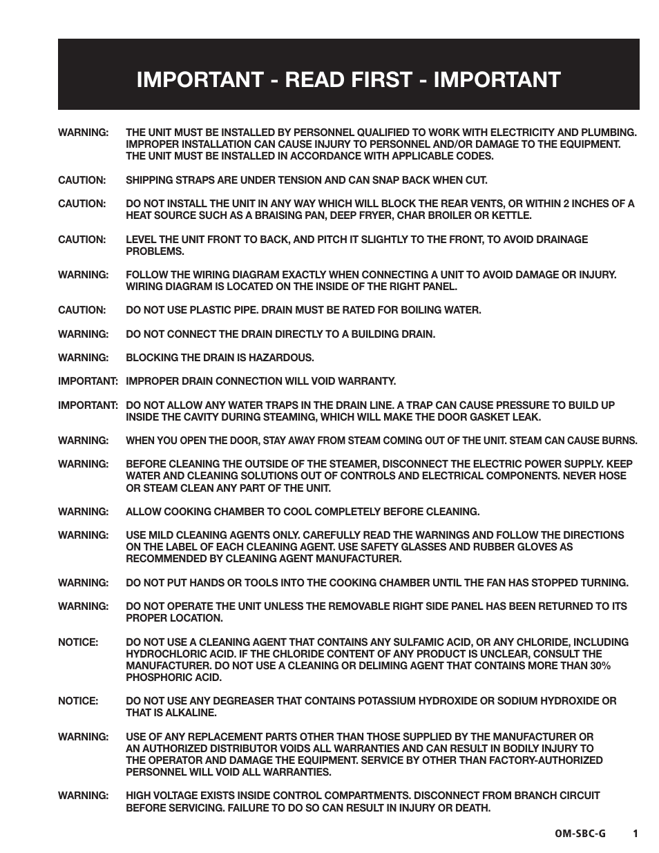 Important - read first - important | Blodgett SBC-G Series User Manual | Page 3 / 24