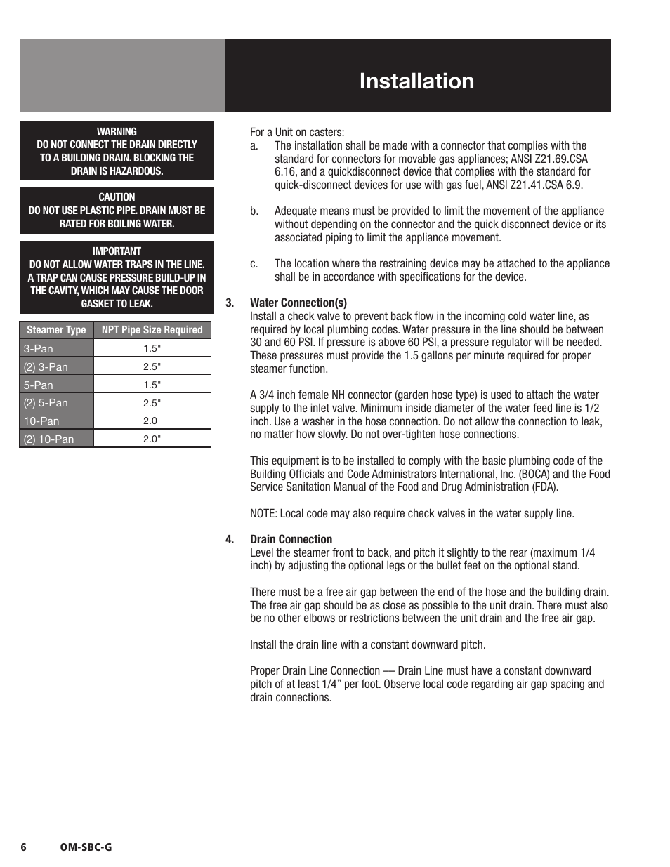Installation | Blodgett SBC-G Series User Manual | Page 8 / 24