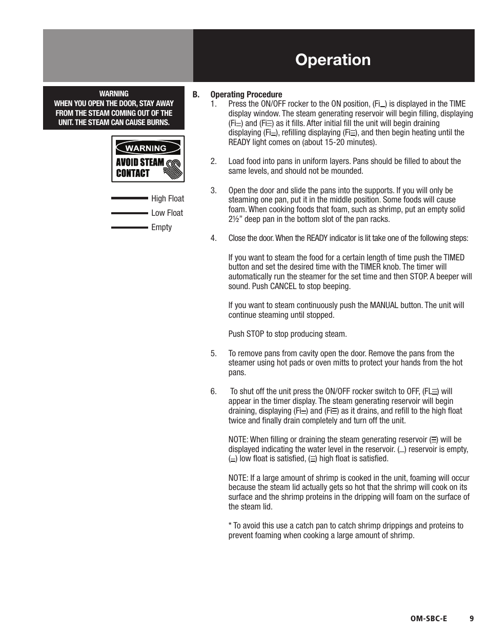 Operation | Blodgett SBC-E Series User Manual | Page 11 / 28