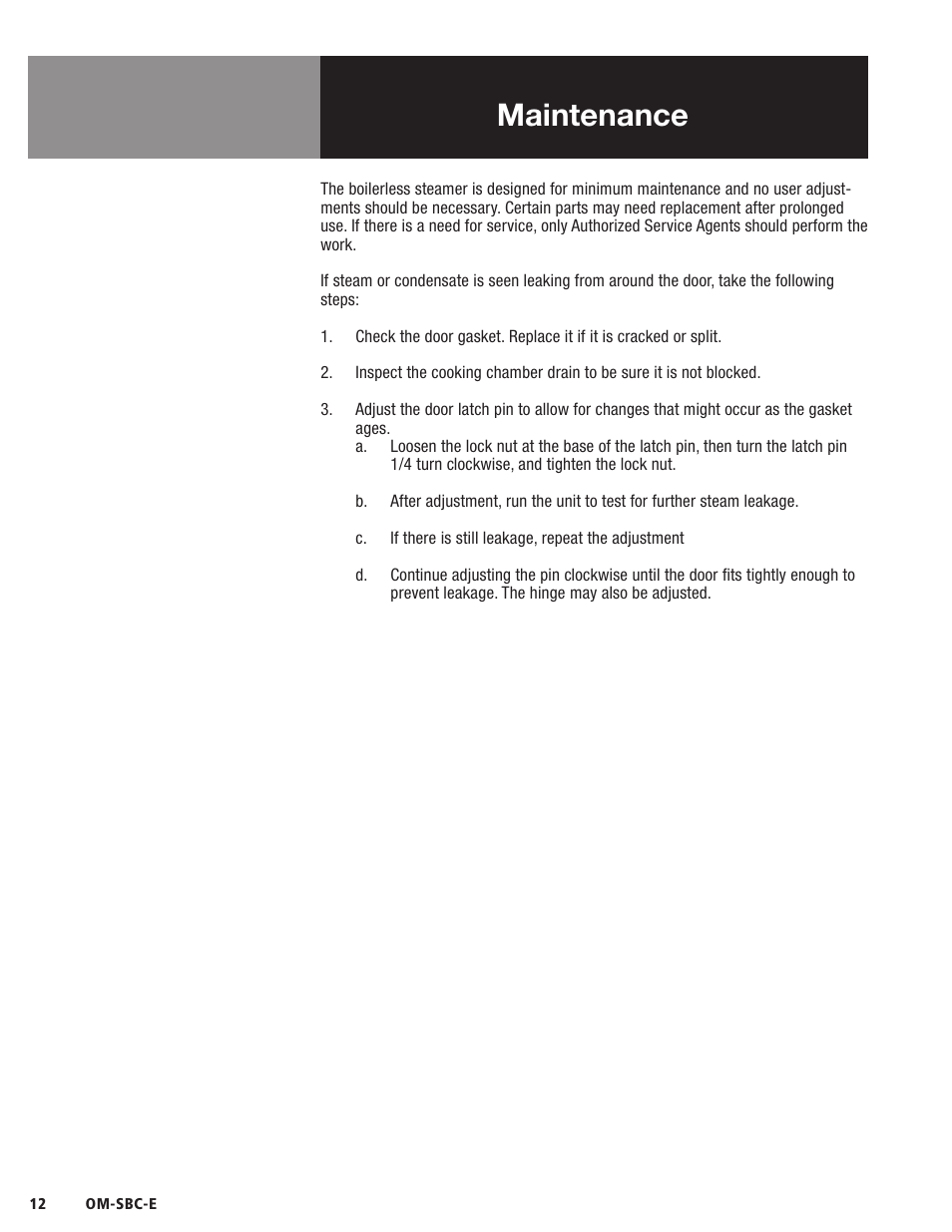 Maintenance | Blodgett SBC-E Series User Manual | Page 14 / 28