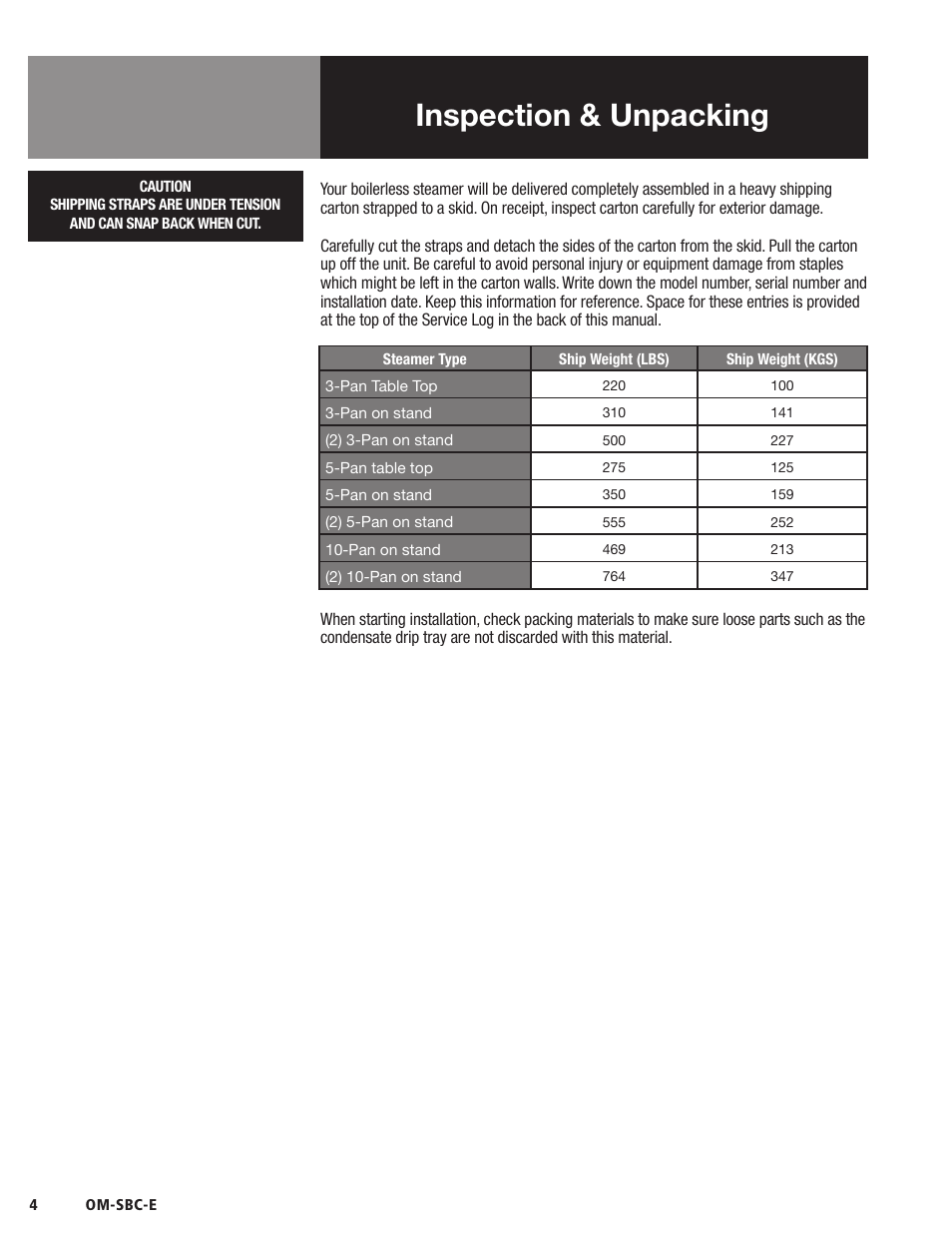 Inspection & unpacking | Blodgett SBC-E Series User Manual | Page 6 / 28