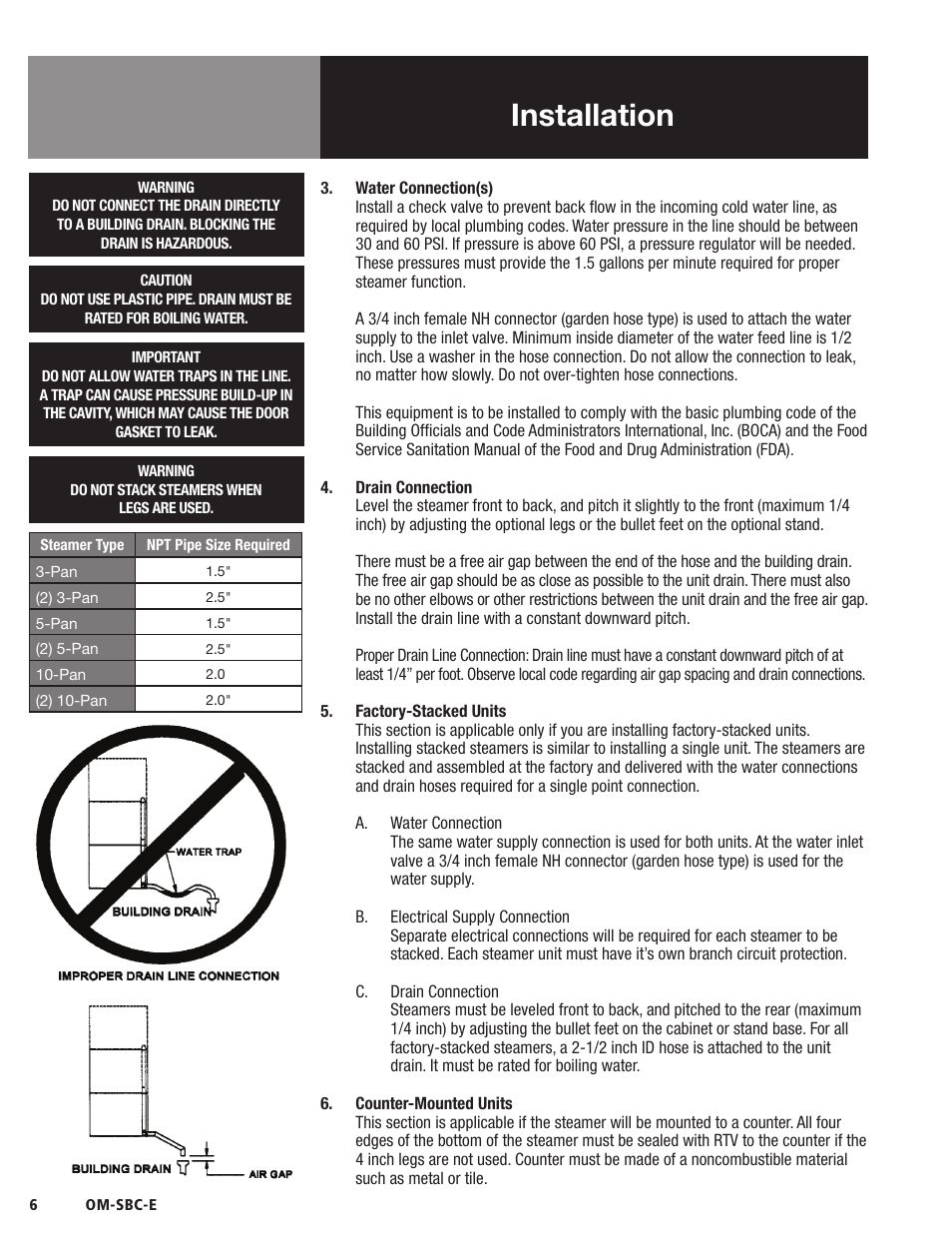 Installation | Blodgett SBC-E Series User Manual | Page 8 / 28