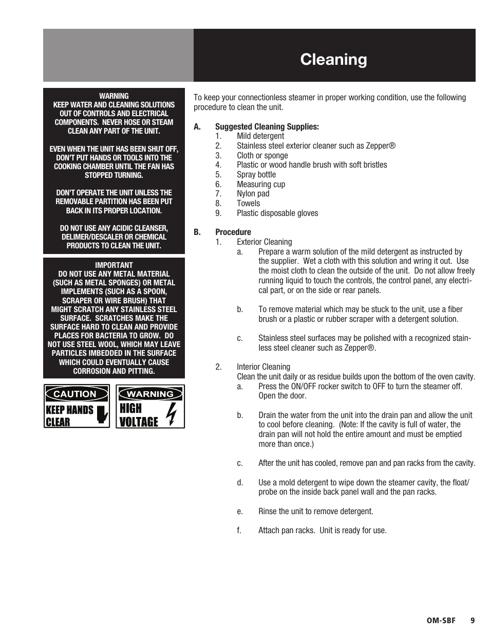 Cleaning | Blodgett SBF Series User Manual | Page 11 / 16