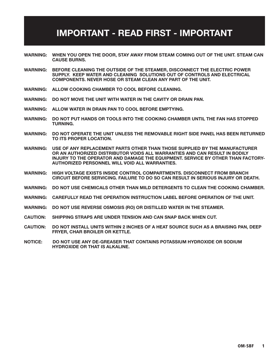 Important - read first - important | Blodgett SBF Series User Manual | Page 3 / 16