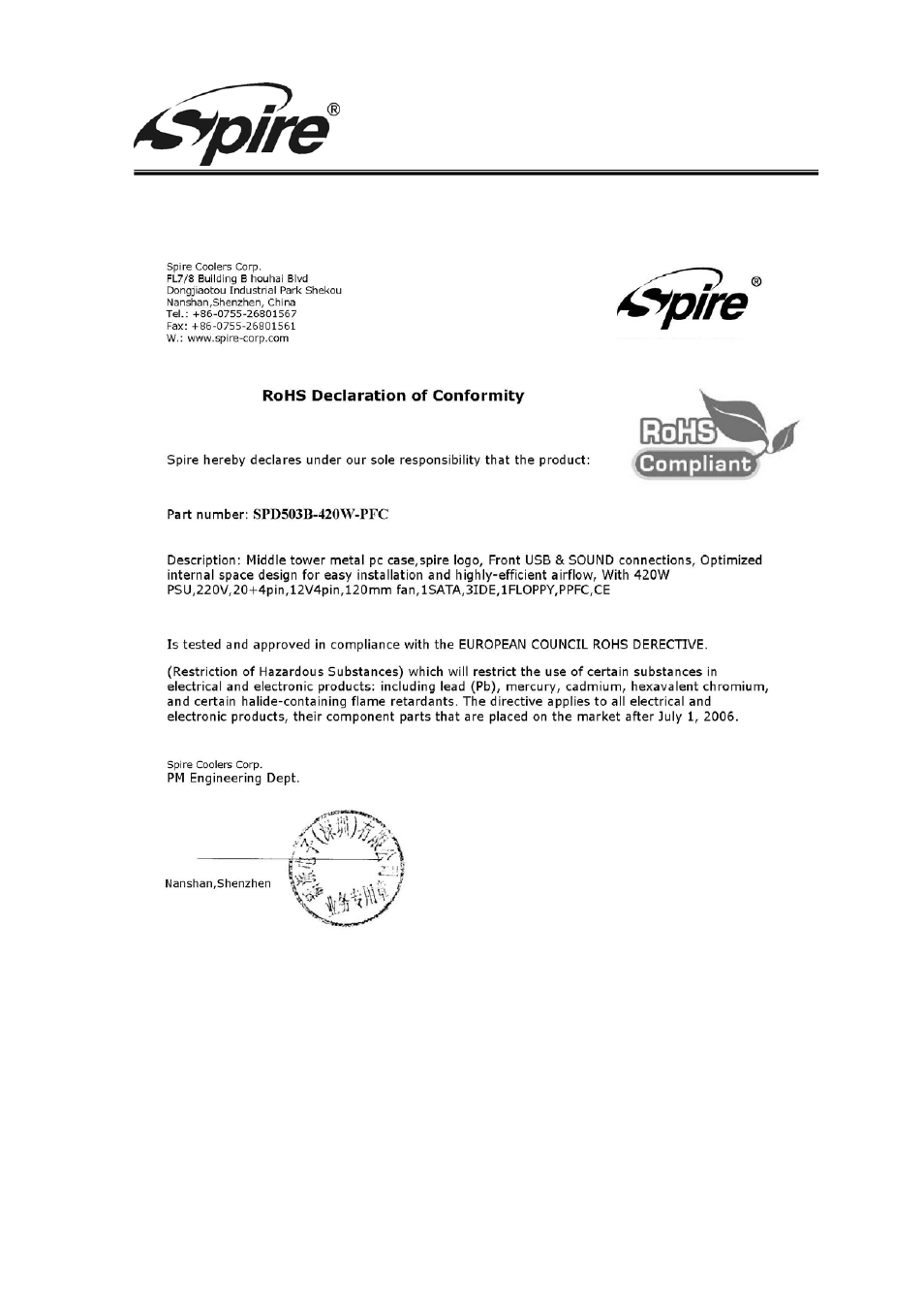 Spire corp | Spire COOLBOX 503 / SPD503B-420W-PFC User Manual | Page 8 / 9