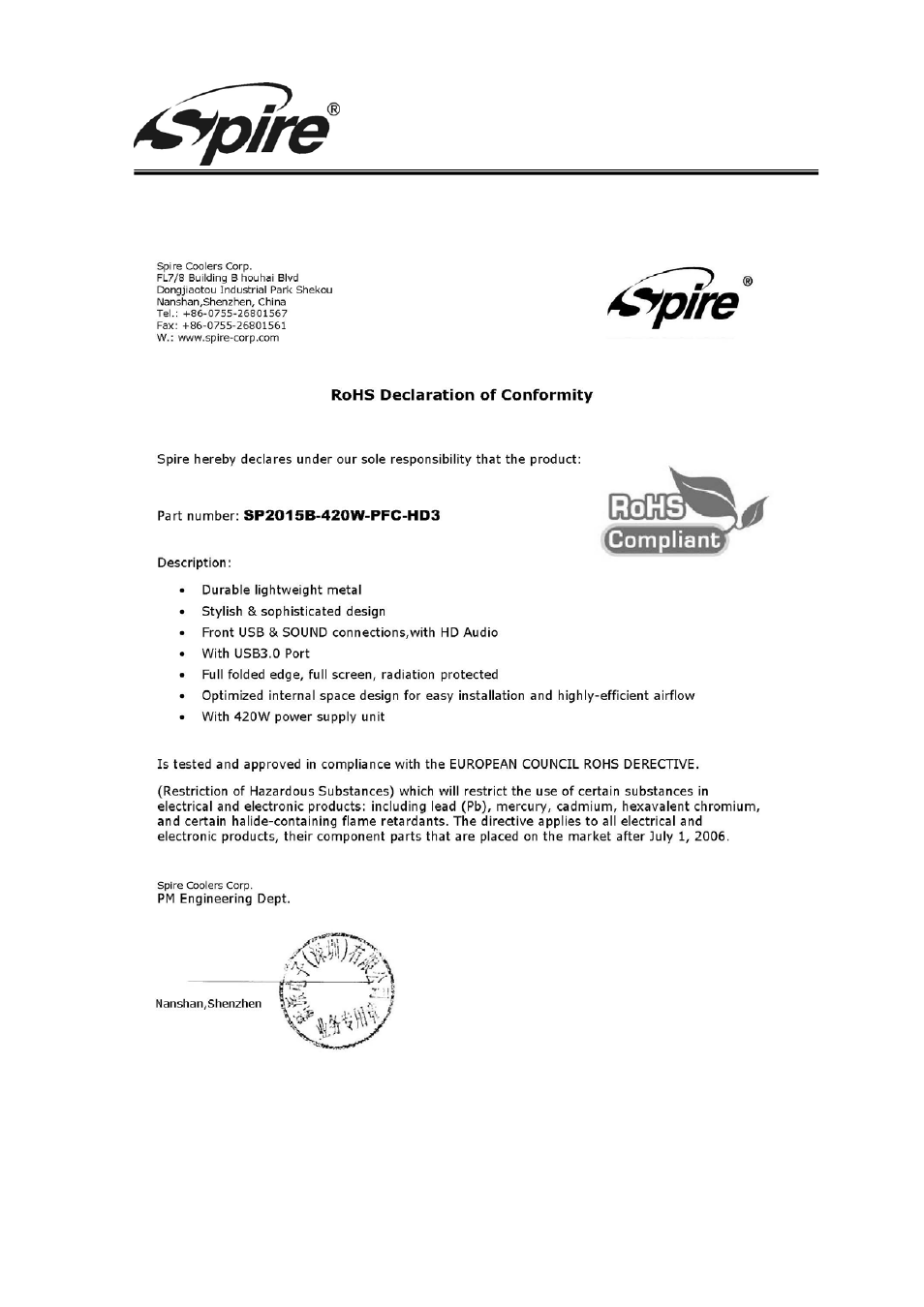 Spire corp | Spire COOLBOX 2015 / SP2015B-420W-PFC-HD3 User Manual | Page 9 / 10