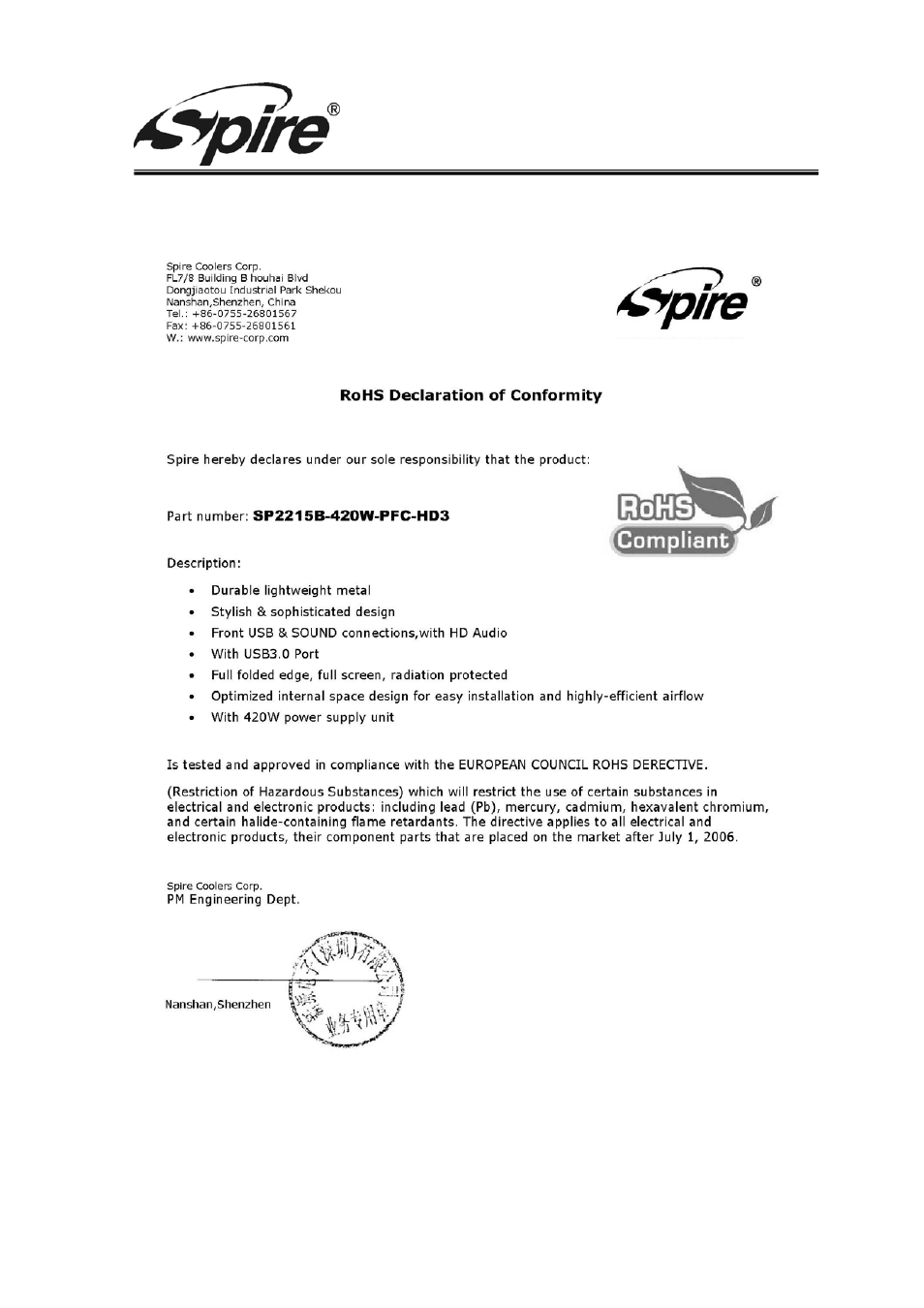 Spire corp | Spire COOLBOX 2215 / SP2215B-420W-PFC-HD3 User Manual | Page 9 / 10