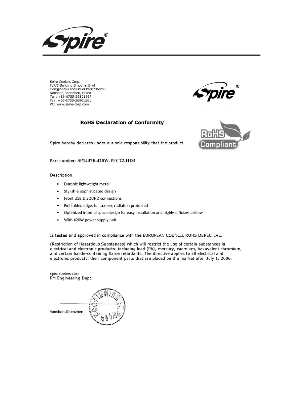 Spire corp | Spire ORBIT 1407 / SP1407B-420W-PFC22-HD3 User Manual | Page 9 / 9