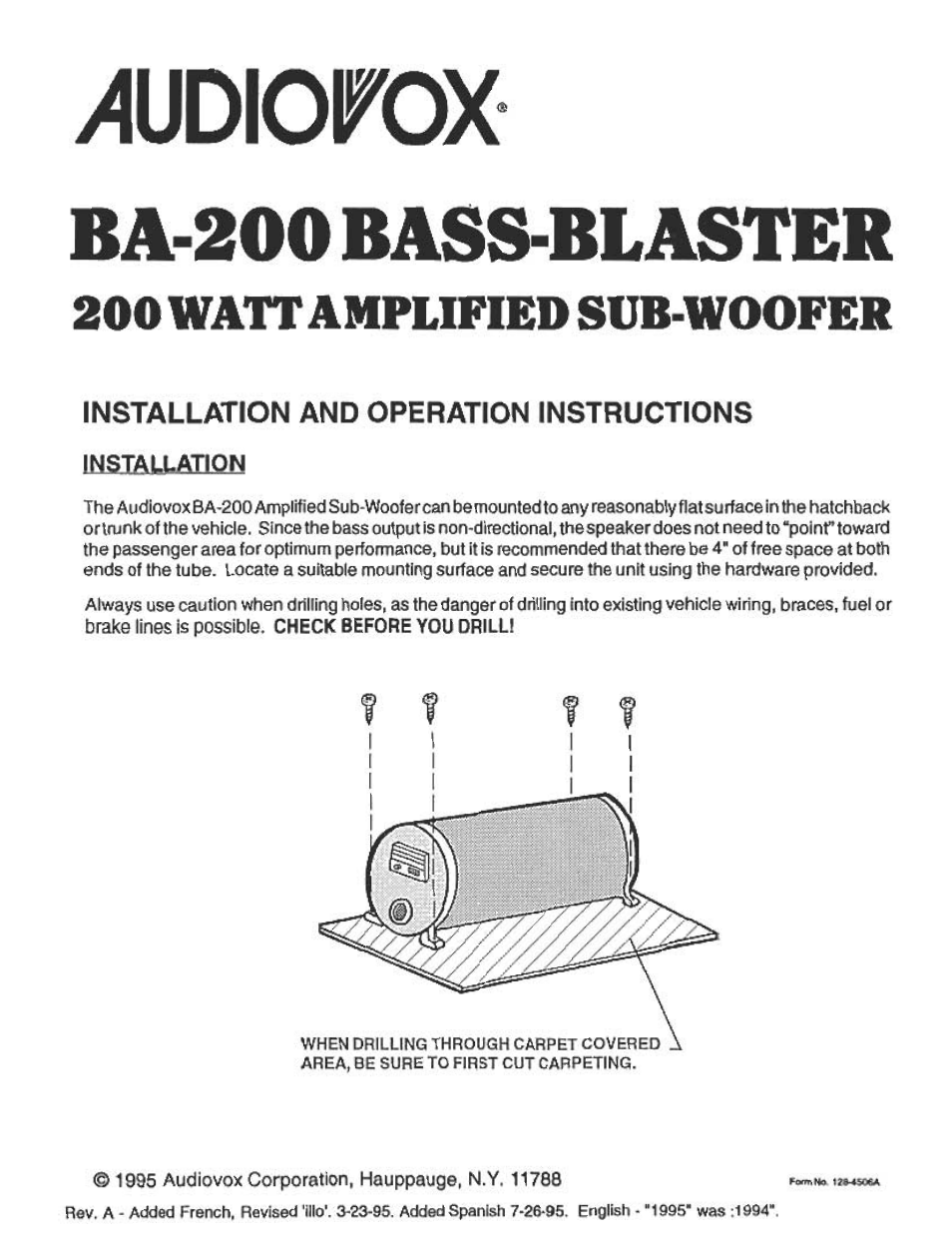 Audiovox BA200 User Manual | 6 pages