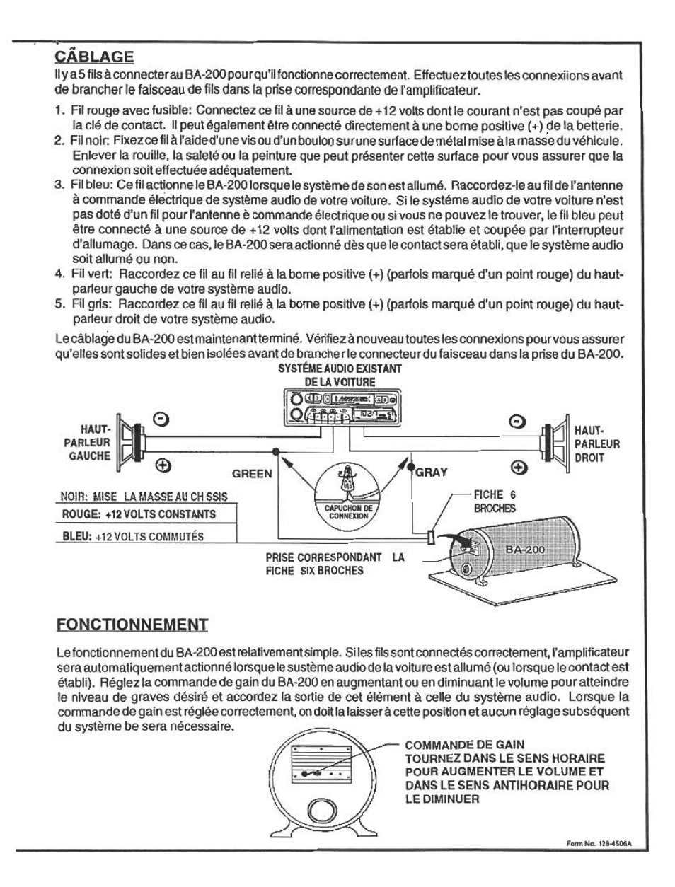 Cablage, Fonctionnement | Audiovox BA200 User Manual | Page 4 / 6