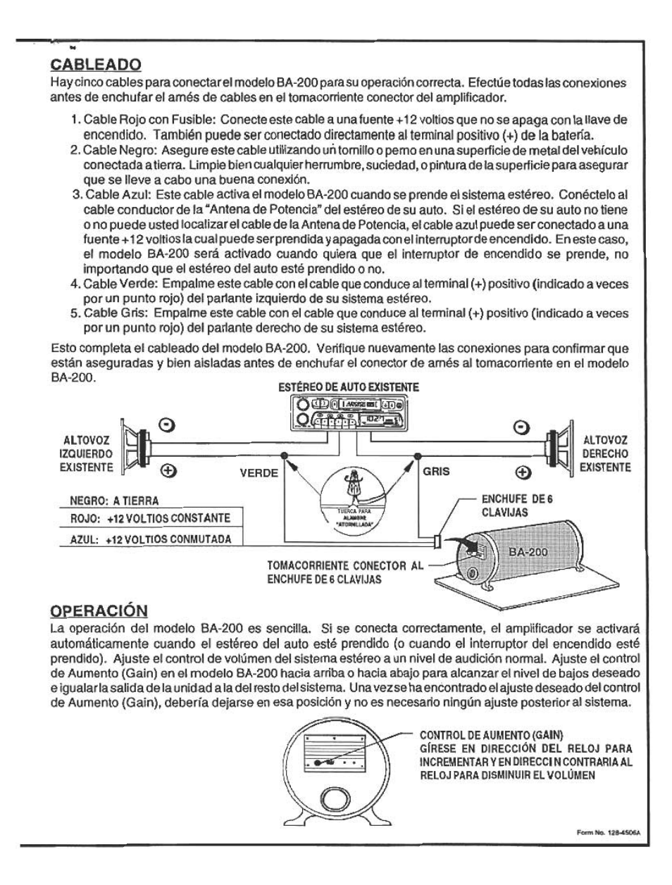 Cableado, Operacion | Audiovox BA200 User Manual | Page 6 / 6