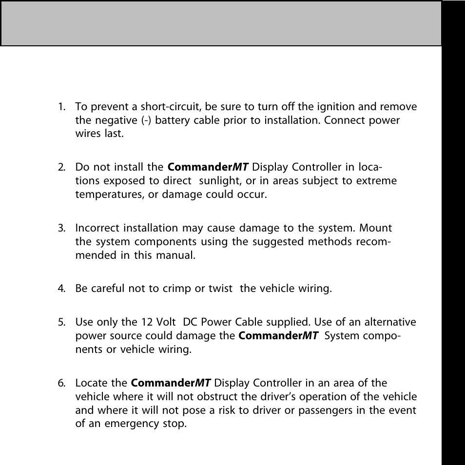 Installation/wiring precautions | Audiovox CommanderMT 128-7902A User Manual | Page 7 / 22