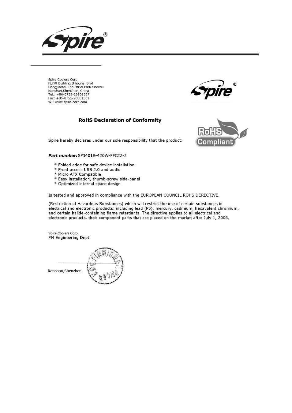 Spire corp | Spire PRESTA / SP3401B-420W-PFC22-2 User Manual | Page 8 / 8