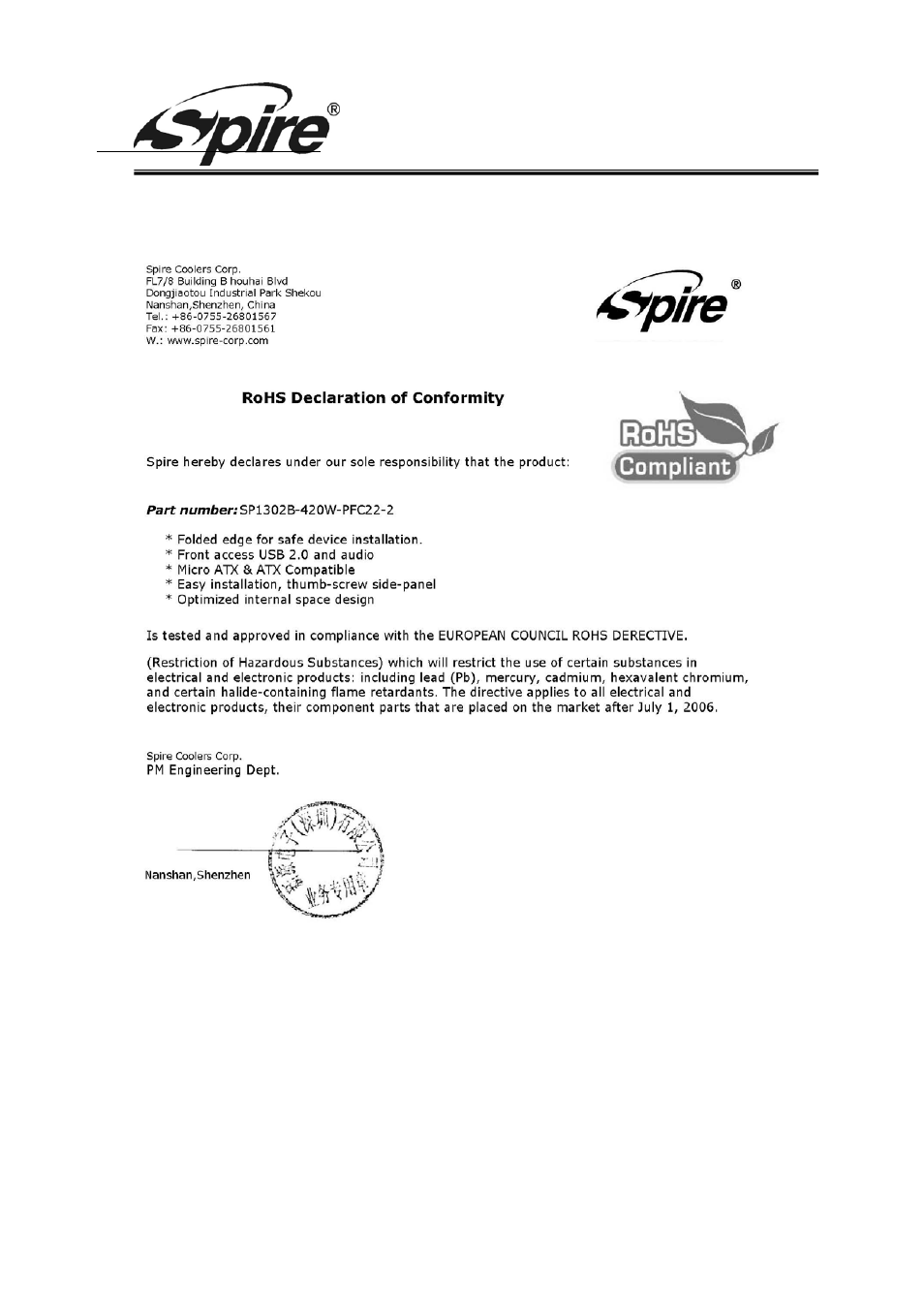Spire corp | Spire DANTE INCL.420W PSU / SP1302B-420W-PFC22-2 User Manual | Page 8 / 8