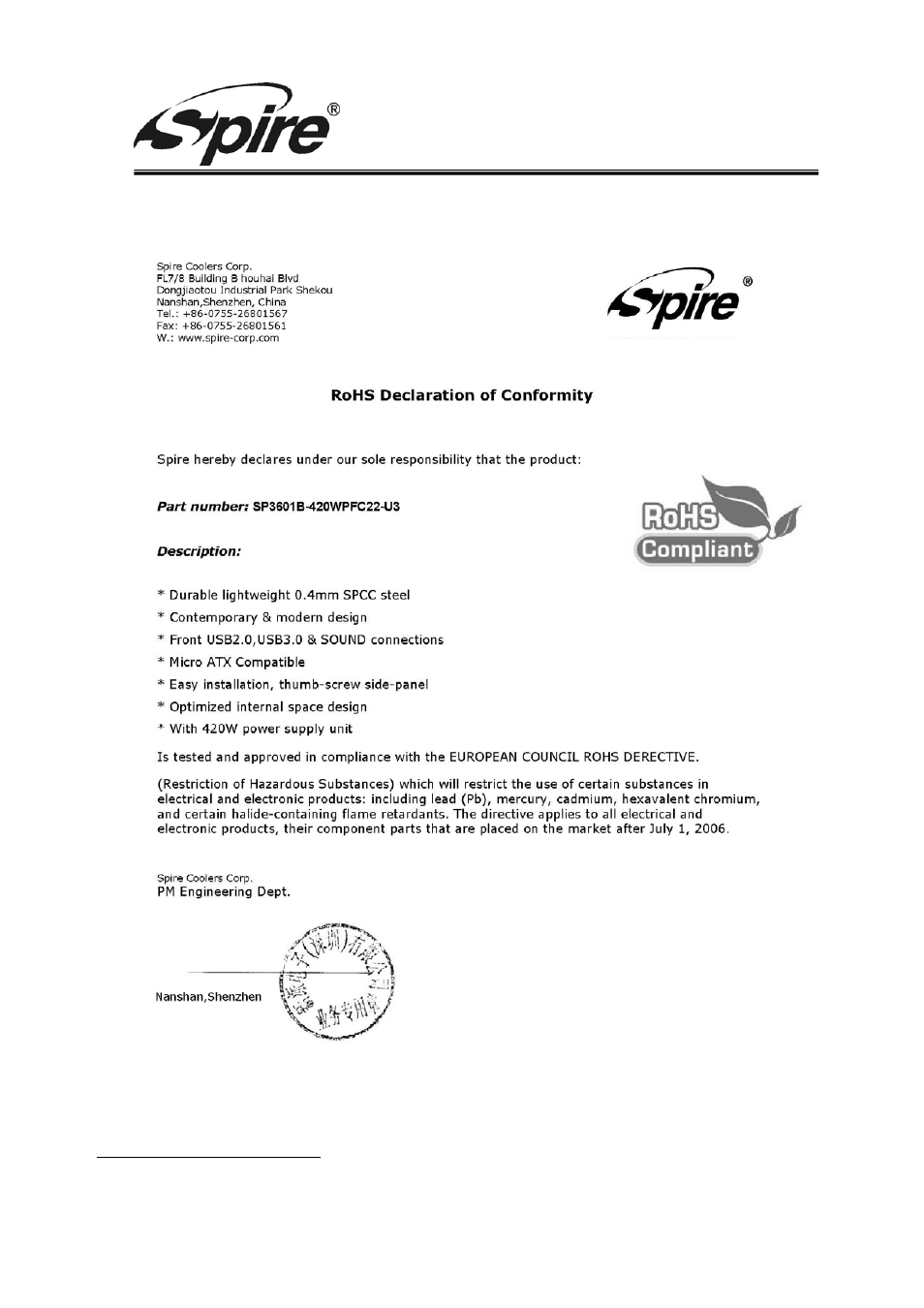 Spire corp | Spire SENNA / SP3601B-420WPFC22-U3 User Manual | Page 9 / 9
