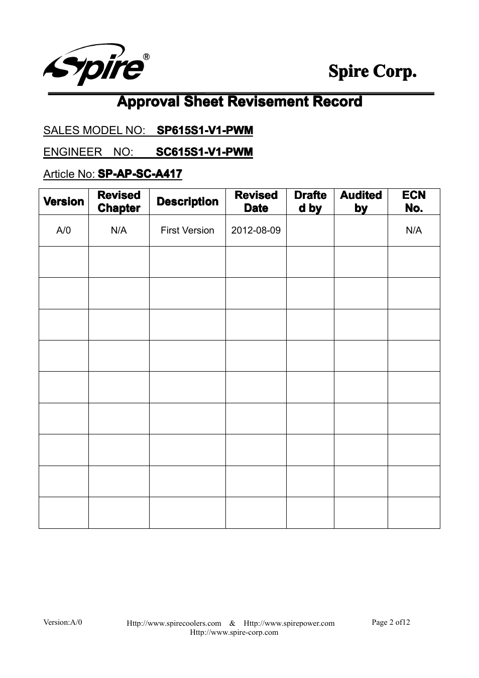 Spire, Spire spire corp. corp. corp. corp, Approval | Spire ROTOR REV.4 / SP615S1-V1-PWM User Manual | Page 2 / 12