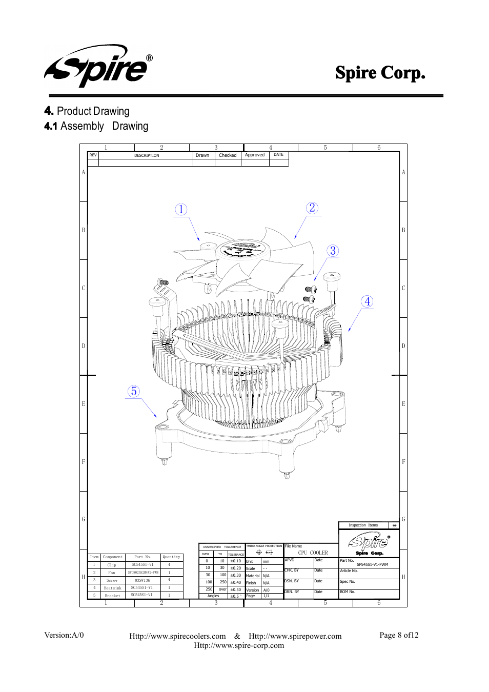 Spire, Spire spire corp. corp. corp. corp, 4. product drawing | Assembly drawing | Spire ROTOR REV.4 / SP615S1-V1-PWM User Manual | Page 8 / 12