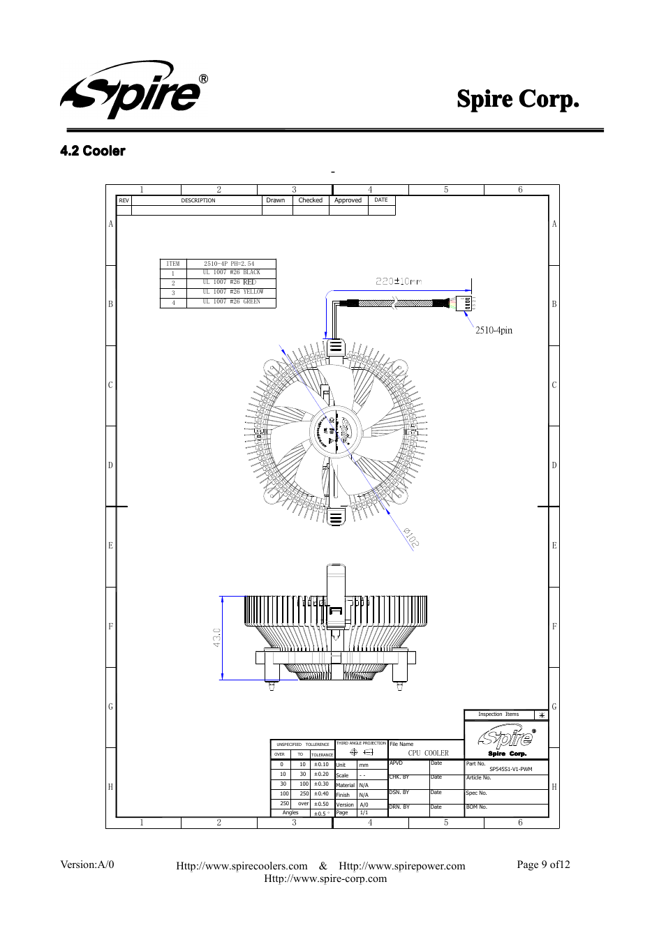 Spire, Spire spire corp. corp. corp. corp, 2 4.2 cooler cooler cooler cooler | Version:a/0 page 9 of12 | Spire ROTOR REV.4 / SP615S1-V1-PWM User Manual | Page 9 / 12