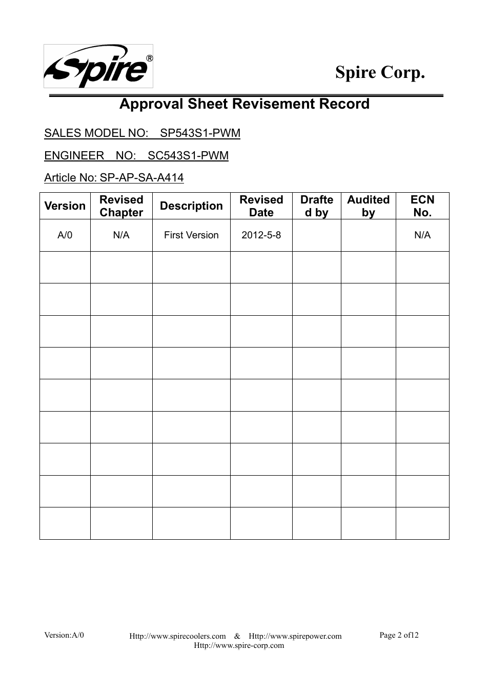 Spire corp, Approval sheet revisement record | Spire SIGOR IV PWM / SP543S1-PWM User Manual | Page 2 / 12