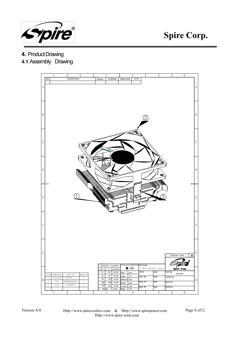 Spire corp, Product drawing, Assembly drawing | Version:a/0 page 8 of12 | Spire SIGOR IV PWM / SP543S1-PWM User Manual | Page 8 / 12