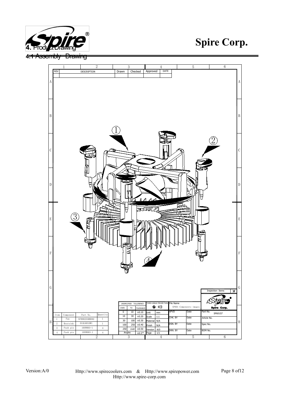 Spire corp, Product drawing, Assembly drawing | Version:a/0 page 8 of12 | Spire STARFLOW / SP601S7 User Manual | Page 8 / 12