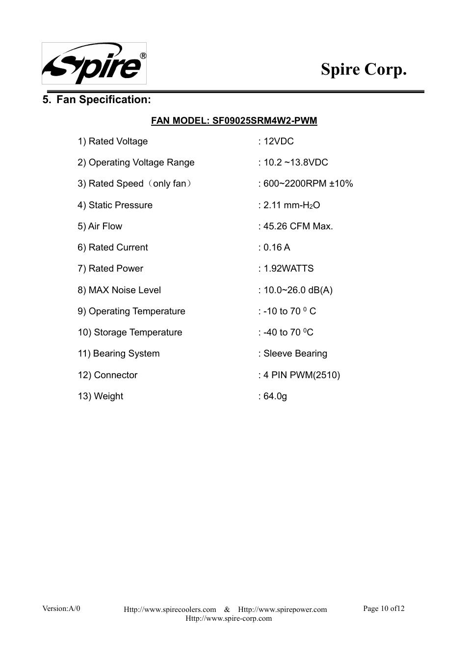 Spire corp, Fan specification | Spire COOLREEF PRO PWM / SP805S3-PWM User Manual | Page 10 / 12
