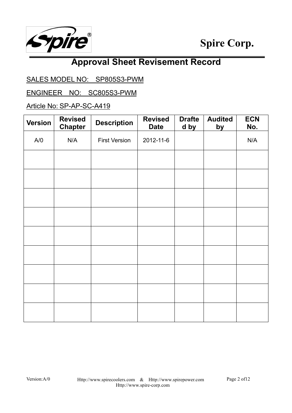 Spire corp, Approval sheet revisement record | Spire COOLREEF PRO PWM / SP805S3-PWM User Manual | Page 2 / 12