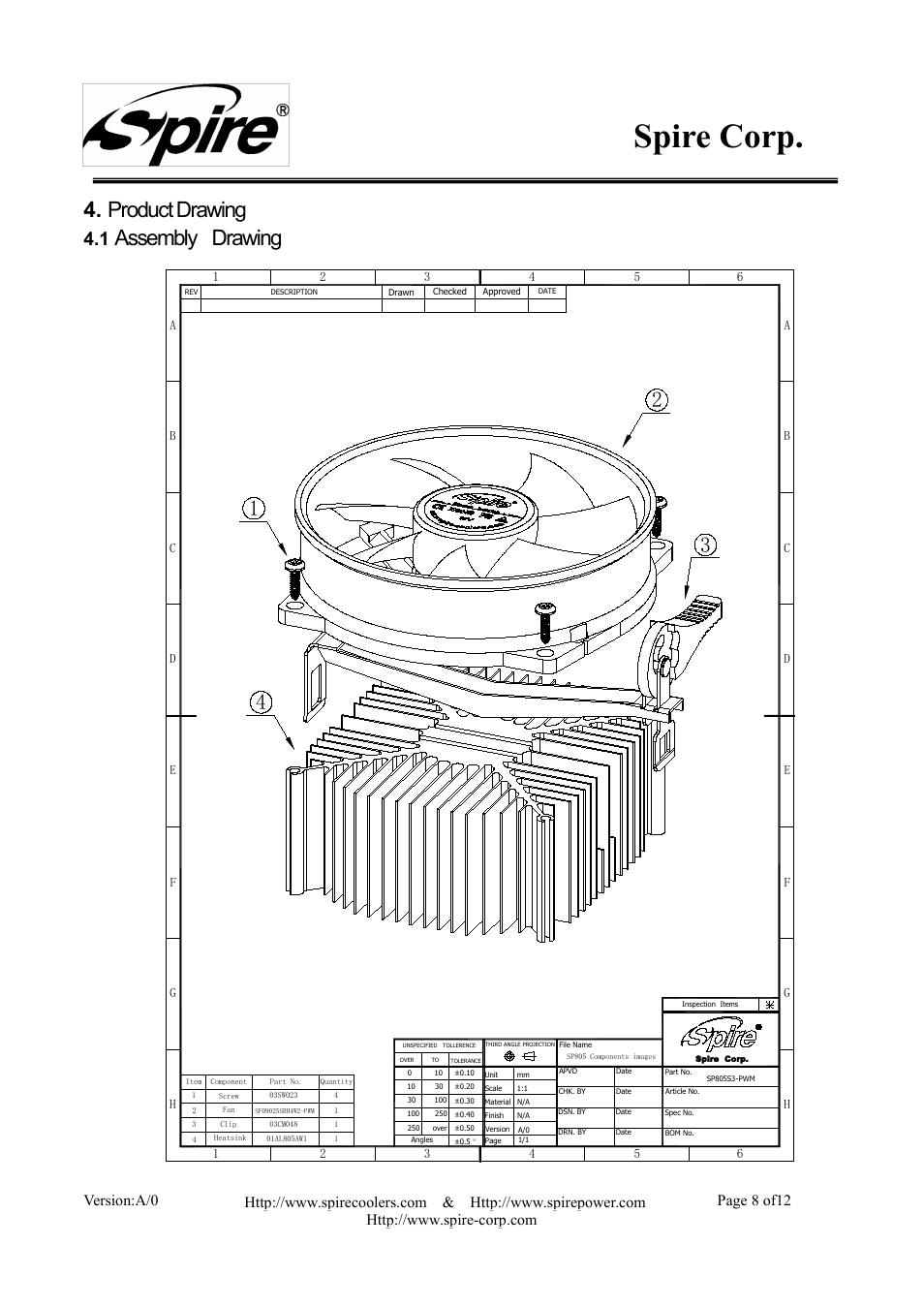 Spire corp, Product drawing, Assembly drawing 1 2 3 4 | Version:a/0 page 8 of12 | Spire COOLREEF PRO PWM / SP805S3-PWM User Manual | Page 8 / 12