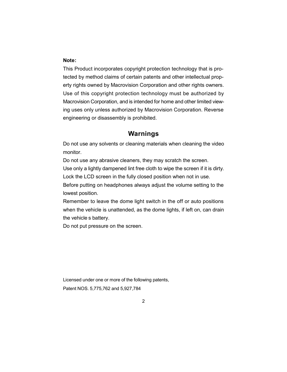 Warnings | Audiovox MMD10 User Manual | Page 2 / 38