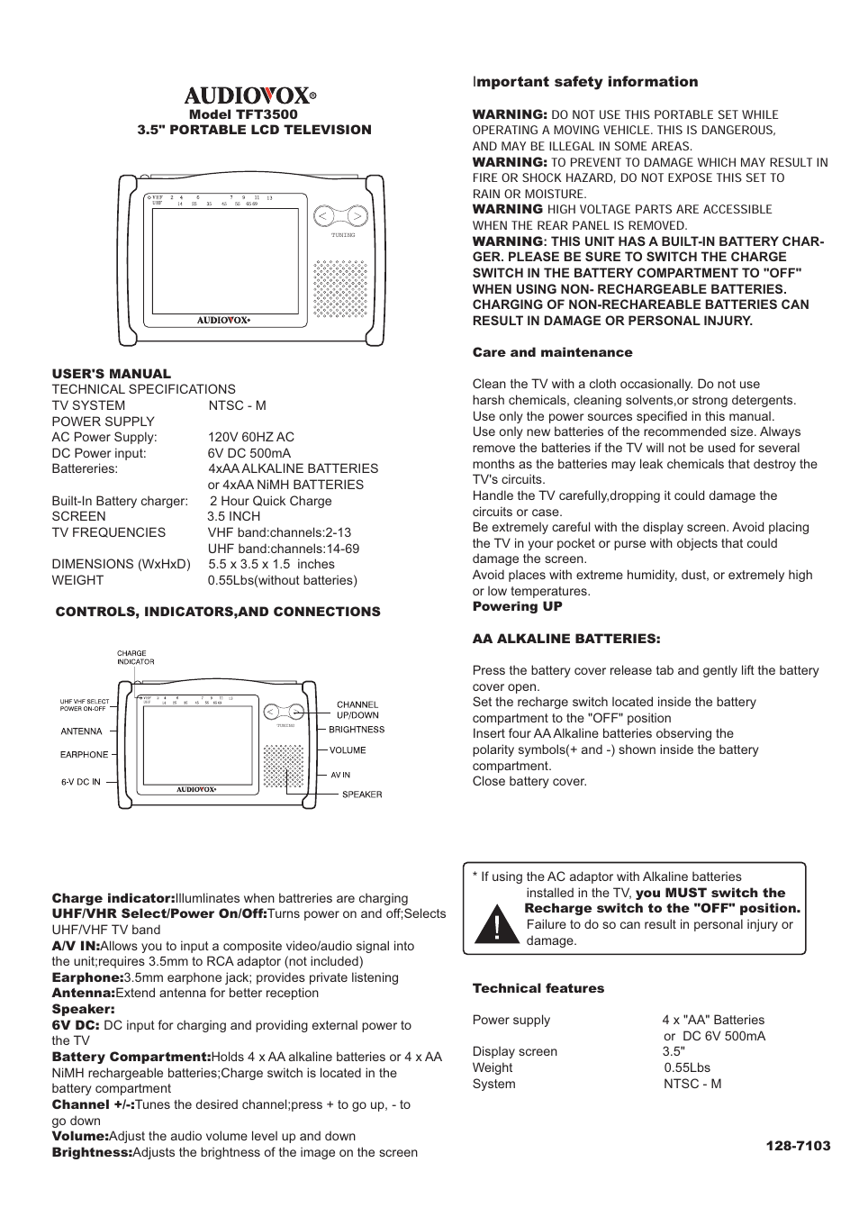 Audiovox TFT3500 User Manual | 2 pages