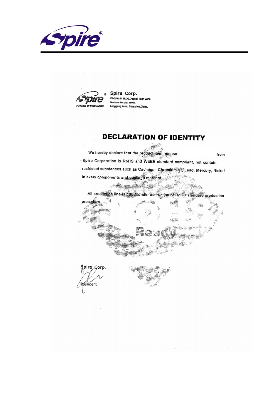Spire corp, Rohs declaration | Spire CARDREADER 332 / SP332CB User Manual | Page 7 / 7