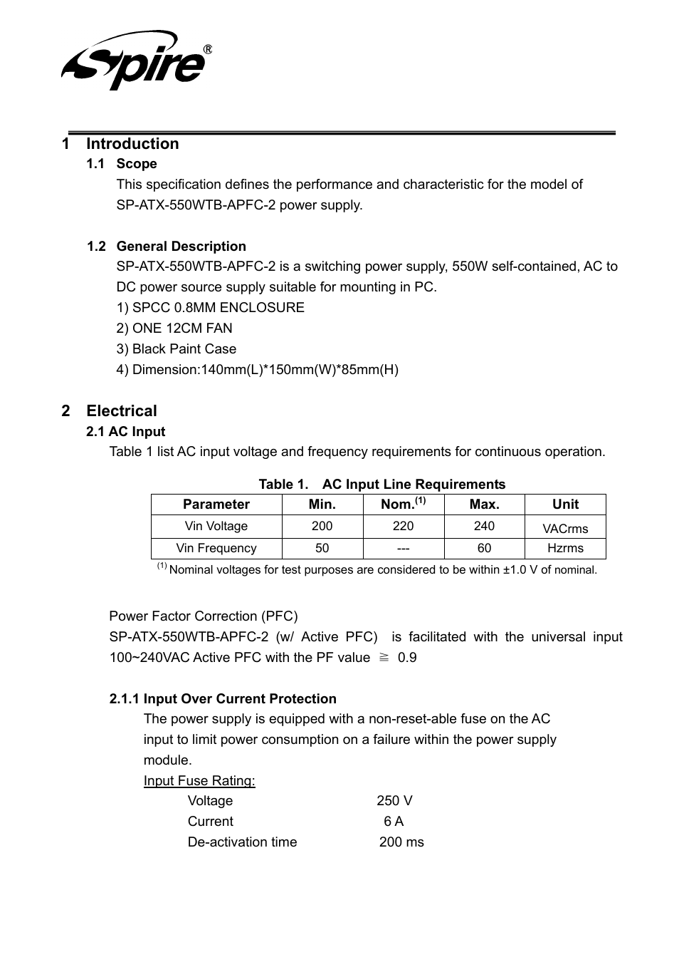 Spire corp, 1 introduction, 2 electrical | Spire SILENTEAGLE 550W / SP-ATX-550WTB-APFC-2 User Manual | Page 5 / 18