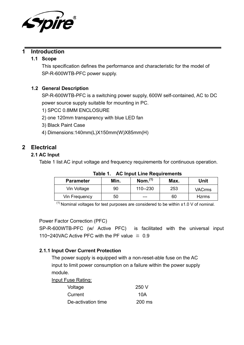 Spire corp, 1 introduction, 2 electrical | Spire LACKDRAGON 600 / SP-R-600WTB-PFC User Manual | Page 5 / 18
